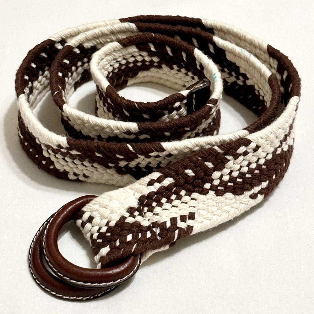 Gap Women’s Brown and White Woven Fabric Belt with Leather Buckle - L